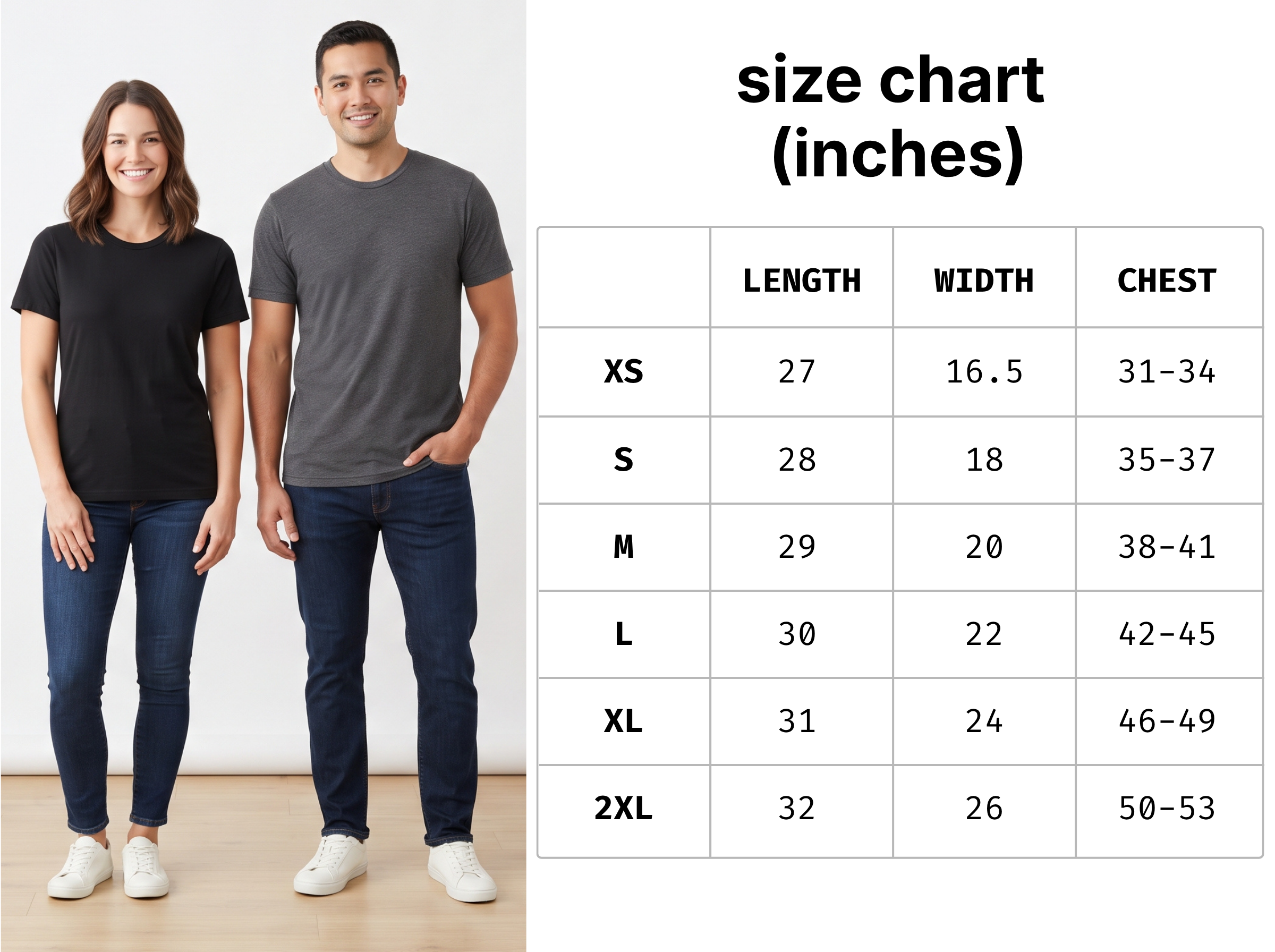 Size Chart for Bella+Canvas 3001 T-Shirts